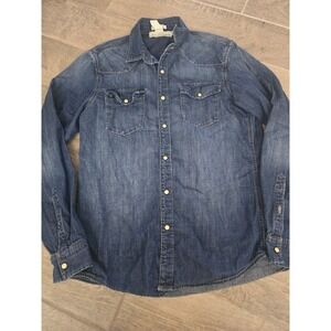 H&M LOGG Womens Medium Wash Blue Denim Western Pearl Snap  Fitted Shirt Medium